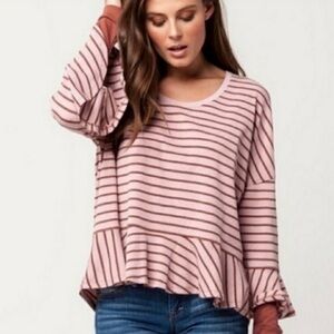 Free People Peplum Hem Striped Top Blouse SMALL boho long sleeve NWOT oversized